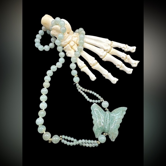 Vintage Jewelry - Vintage Chinese Jade Butterfly Necklace Hand Carved Celadon Jadeite Beads 31”